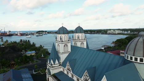 Cathedral-Of-Apia-Or-Mulivai-Cathedral-In-Samoa---aerial-pullback