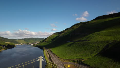Sideways-flight-over-lake-Moselle-in-front-of-bridge-and-vineyard