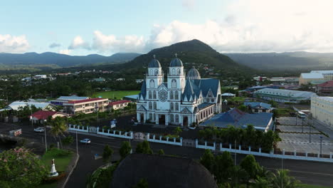 Aerial-View-Of-The-Immaculate-Conception-Cathedral-During-Sunset-In-Apia,-Samoa