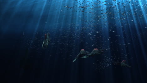 3D-Rendering-Animation-Prähistorischer-Wasserdinosaurier-Und-Ihrer-Jungen,-Die-Durch-Kristallblaues-Wasser-Schwimmen