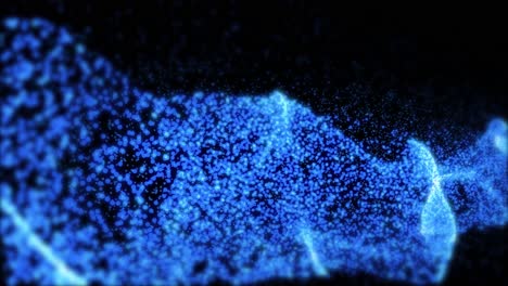 Slow-motion-animation-of-abstract-dark-blue-moving-particles,-spreading-over-black-background