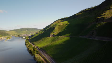 Flight-over-lake-Moselle-next-to-a-vineyard