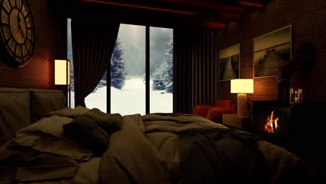 Ambient-Winterschnee-Schlafzimmeranimation,-Gemütlicher-Hintergrund-Des-Innenraums-Einer-Hütte-Im-Winter,-Hintergrund