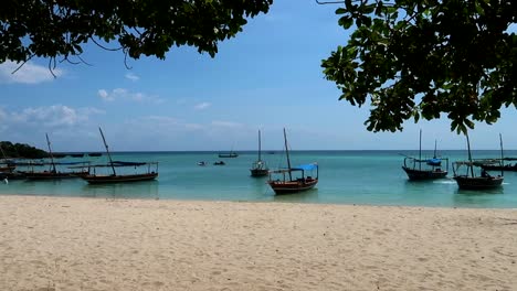 Static-view-of-many-traditional-african-rural-boats-moored-on-the-shore-of-a-Zanzibar-beach-paradise
