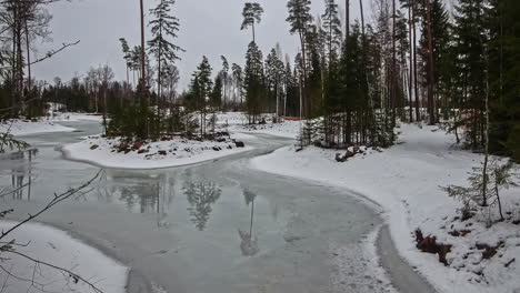 Video-De-Lapso-De-Tiempo-De-Un-Lago-Congelado-En-Un-Bosque-Completamente-Invernal-Y-Nevado