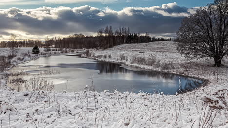 Timelapse-of-clouds-moving-fast-over-snowy-landscape-and-frozen-lake