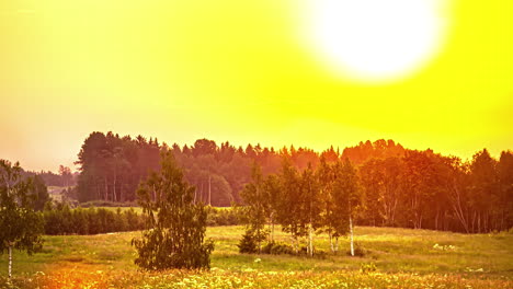 Yellow-bright-sunrise-over-majestic-rural-landscape,-fusion-time-lapse