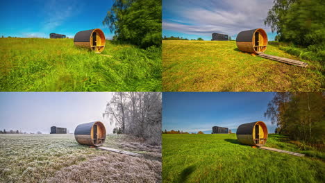 Round-wooden-sauna-barrel-building-in-rural-landscape-in-all-four-seasons-of-year,-fusion-time-lapse