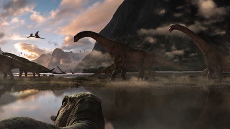 Jurassic-park-dinosaur-background-landscape-with-different-species,-prehistoric-ecosystem-animation