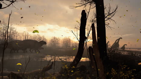 3D-render-animation-of-different-species-of-dinosaurs-walking-together-in-an-open-field-in-prehistoric-setting-VFX