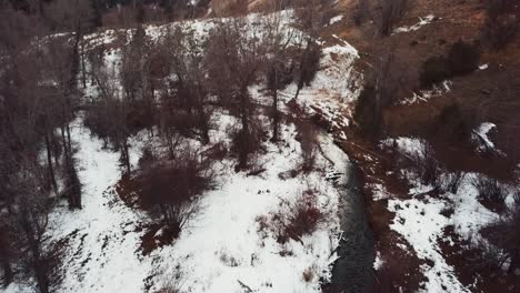 Hobble-Creek-In-Winter---Water-Gently-Flowing-Through-Snow-covered-Surroundings-In-Utah-County,-Utah