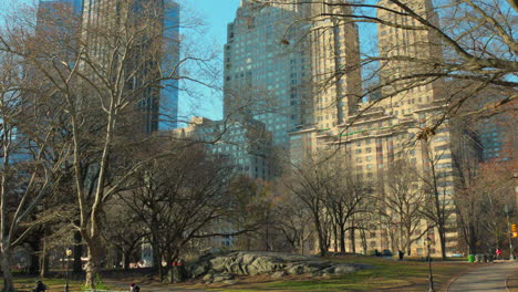 Lincoln-Square-High-rise-Buildings-From-Central-Park-In-New-York-City,-Manhattan,-USA