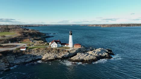 Beautiful-historical-light-house-at-the-gray-rocks-in-the-Casco-bay-on-a-bright-sunny-day