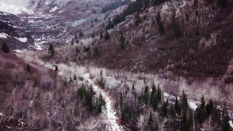 Snowy-Trail-Between-Steep-Mountain-Slopes-In-Hobble-Creek-Canyon,-Wasatch-Range,-Utah