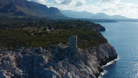 Watchtower-Ruins-Overlooking-Mediterranean-Sea-In-Terrasini,-Sicily,-Italy