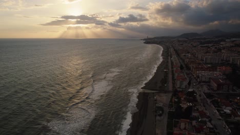 Top-areal-view-over-residential-area-and-coast-line-at-Malaga-beach,-Spain
