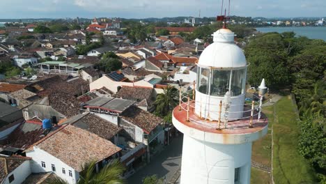 Aerial-shot-over-the-top-of-the-white-lighthouse-of-Galle-Dutch-Fort-in-Sri-Lanka