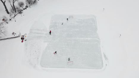 Aerial,-family-playing-ice-hockey-in-backyard-homemade-hockey-rink