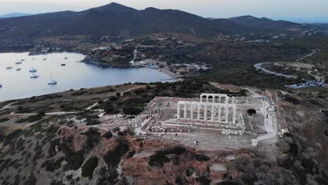 Orbit-Drone-video-Archaeological-Site-of-Sounion-Attica-Greece-Sunset-summer