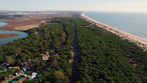 Discover-the-Beauty-of-Huelva's-Beach-and-Wetlands-in-Andalusia,-Spain:-An-Aerial-View