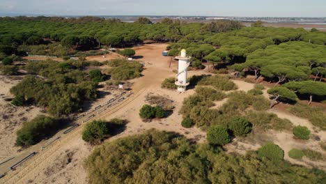 Establishing-aerial-view-Huelva-yellow-lighthouse-tower-in-sandy-coastal-beach-woodland-trail