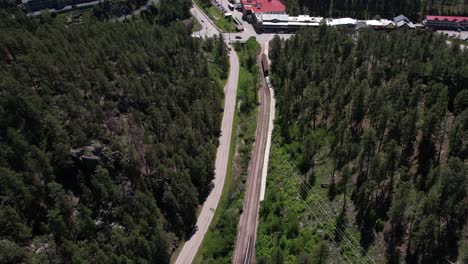 Aerial-View-of-Historic-Black-Hills-Central-Railroad-and-Keystone-Town,-South-Dakota-USA,-Drone-Shot