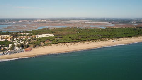 Aerial-view-across-Isla-Canela,-Huelva-long-stretch-of-coastal-woodland-in-Southwestern-Spain