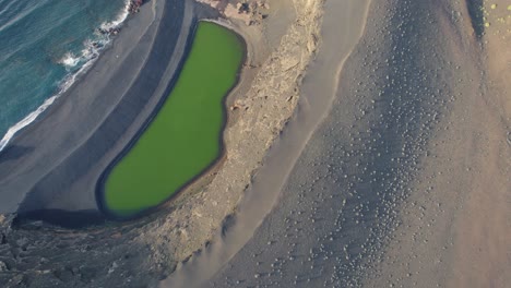 beautiful-green-lake--aerial-at-Lanzarote,-Canary-Islands