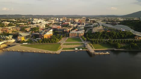 South-Bank-of-Chattanooga-and-Aquarium-building,-aerial-drone-view