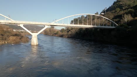 Luftaufnahme-Unter-Einer-Brücke-Im-Fluss-Miño-In-Spanien,-Tolle-Vegetation