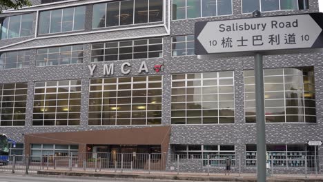 YMCA-building-and-traffic-on-Salisbury-Road-in-Hong-Kong,-static-view