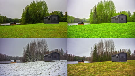Thermowood-Cabin-And-Barrel-Sauna-In-Four-Different-Seasons-Spring,-Summer,-Autumn,-And-Winter