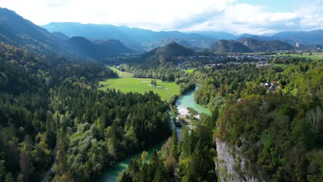Beautiful-Landscape-in-Soca-Valley,-Slovenia---Aerial-Drone-Flight-in-Summer