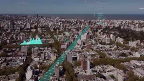 Aerial-view-of-Montevideo-City-with-digital-motion-graphic-connecting-town-during-sunny-day-in-Uruguay---Neon-lighting-graph-and-diagram-analyze-traffic-and-ocean-in-background