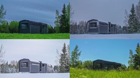 Wooden-rural-building-in-all-four-seasons-of-the-year,-fusion-time-lapse