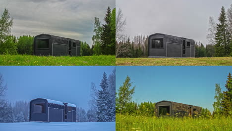 Wooden-sauna-building-in-countryside-shot-in-all-four-seasons,-fusion-time-lapse