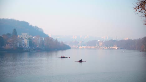 Rowing-training-in-France,-Lyon-on-a-Sunday-Morning-for-a-healthy-day
