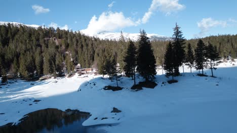Aerial-Circle-Dolly-Around-Frozen-Caumasee-Lake-Island-With-Trees