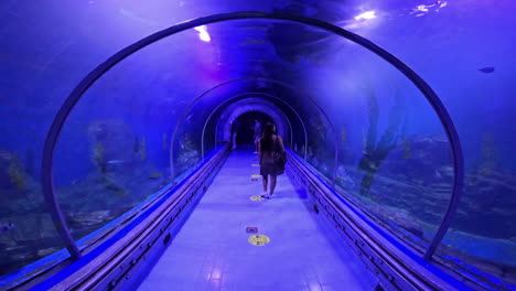 Young-woman-in-an-underwater-tube-at-an-aquarium