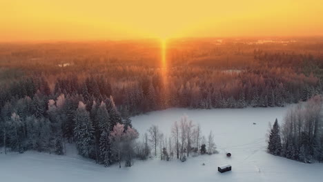 Freezing-winter-forest-and-golden-sunset-in-horizon,-aerial-drone-view