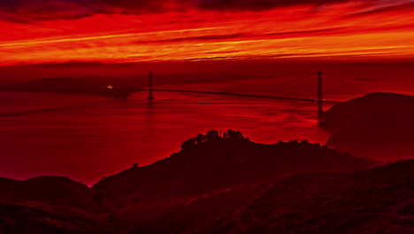 Bloody-color-landscape-and-water-with-silhouette-of-Golden-Gate-Bridge,-fusion-time-lapse