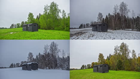 Small-wooden-cabin-in-rural-area-shot-in-all-four-seasons-of-year,-fusion-time-lapse