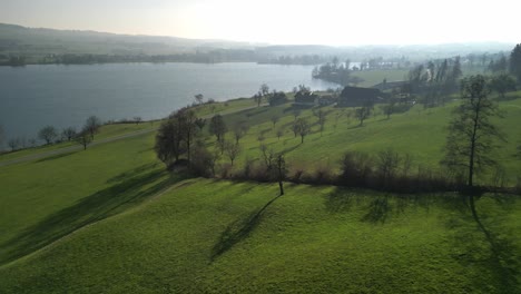 Drone-footage-of-green-hills-with-trees-over-lake-Baldegg-in-Central-Switzerland