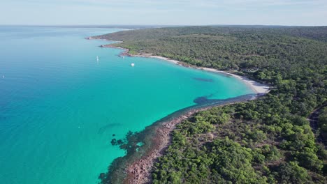 Aerial-flying-along-the-coast-toward-Meelup-beach-in-Dunsborough-Western-Australia