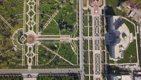 Aerial-ascending-cenital-shot-in-Dushanbe-city,-Tajikistan-over-Rudaki-park-and-national-library
