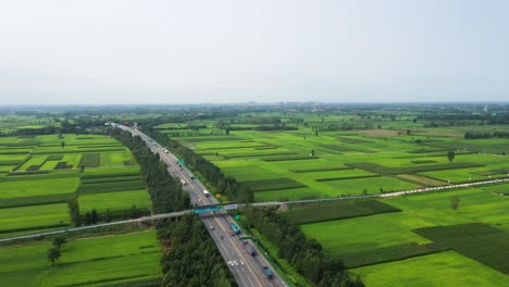 Drone-areal-footage-over-a-highway-with-traffic,-surrounded-by-agricultural-landscape-and-flat-greenery-area,-captured-in-Hebei-Province,-China
