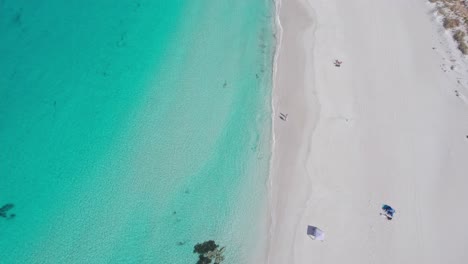 Aerial-of-people-walking-on-the-white-sands-next-to-the-clear-turquoise-ocean-at-bunker-bay-in-Western-Australia