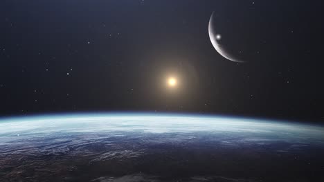 Oberfläche-Des-Planeten-Erde-Und-Mond-Und-Sonne-Im-Weltraum