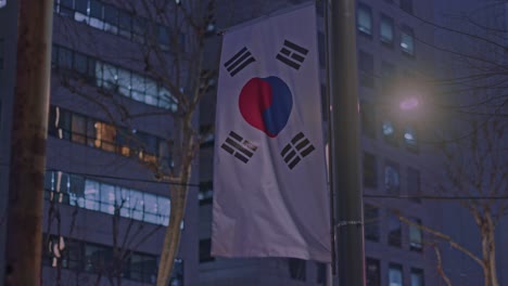 Bandera-Nacional-Surcoreana-Ondeando-En-La-Noche-En-La-Ciudad-Urbana-De-Seúl