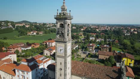 Bell-tower-of-Pagnano,-a-picturesque-old-Italian-town,-small-village-located-in-Lombardy,-Bergamo